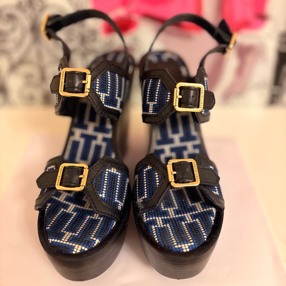 Tory Burch Black Leather Sandals with Blue and White Geometric Inlay